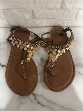 Brown Leather T-Strap Sandals with Gold Coin Accent